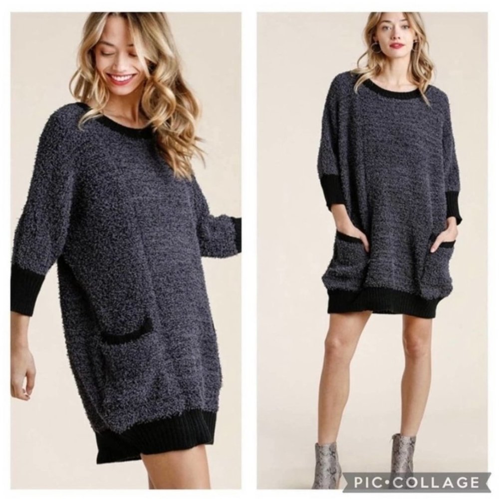 NEW Umgee Shaggy Sweater Dress Boutique Women's Pockets Black